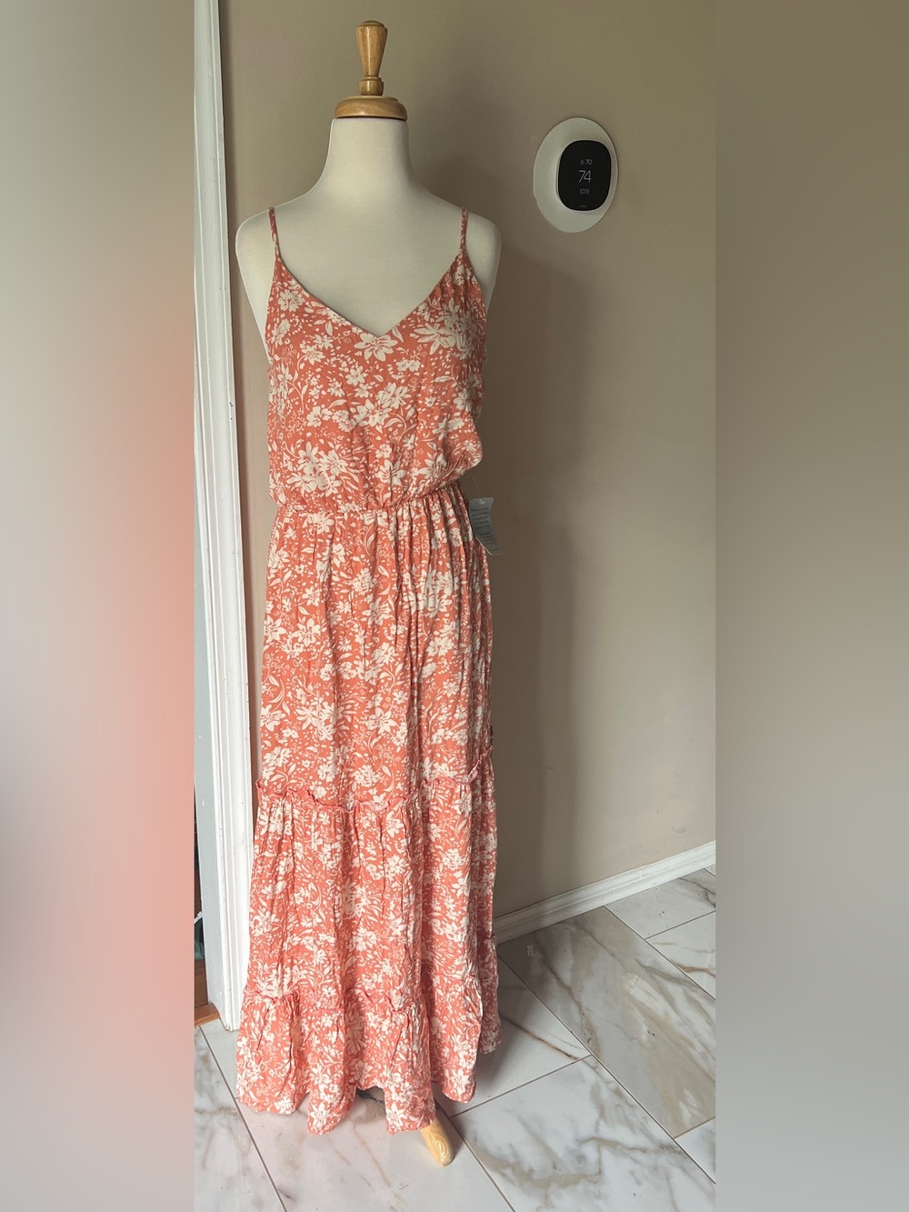Floral Coral Maxi Dress with Spaghetti Straps